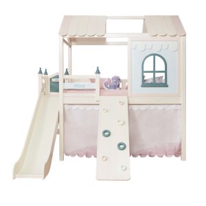 Sampo detská drevená dizajnová polovysoká posteľ s lezeckou doskou a šmykľavkou Dom snov Dream Forest Dream Space Double Interactive SP-A-DC610