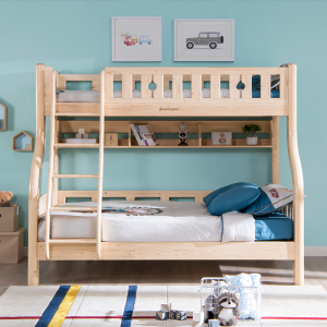 Sampo 子供の天然パイン子供用二段ベッド木製ベッドフレーム子供用ツイン無垢材ベッド階段付き SP-B-DC301