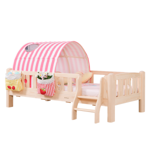 Sampo Kid’s Low Bed Natural Pine Design Children Low Bed with Dome Tent Solid Pine Wood Bed Frame SP-B-DC010