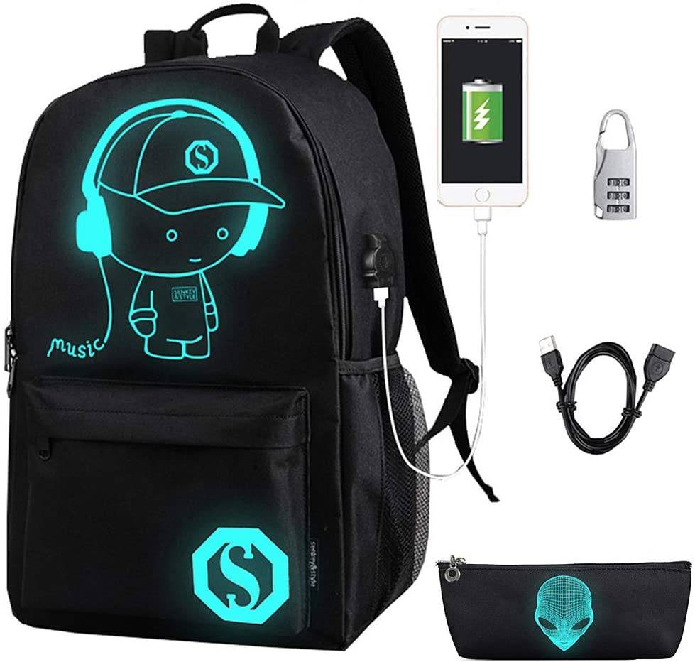 Anime Cartoon Luminous Backpack with USB Charging Port and Anti-theft Lock & Pencil Case, Unisex Fashion College School Bookbag  Laptop Backpack, Black Featured Image