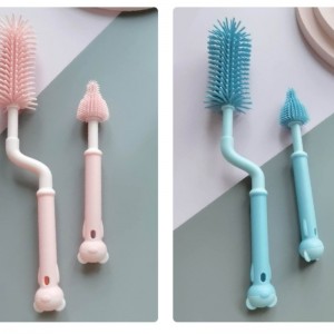 2 pcs 360 degree rotation long handle food grade silicone bottle cleaning cup brush baby nipple pacifier cleaner brush