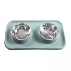 Anti-slip and Non-spill collapsible silicone food water cat dog feeding mat with stainless steel bowls