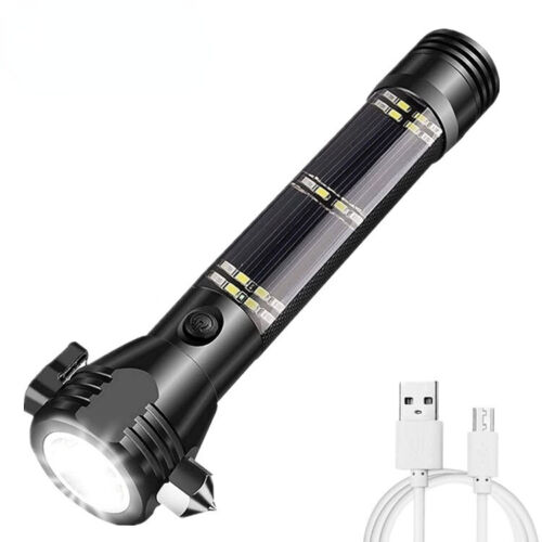 Aluminum waterproof High Lumen USB Rechargeable Solar Power Flashlight safety hammer with compass