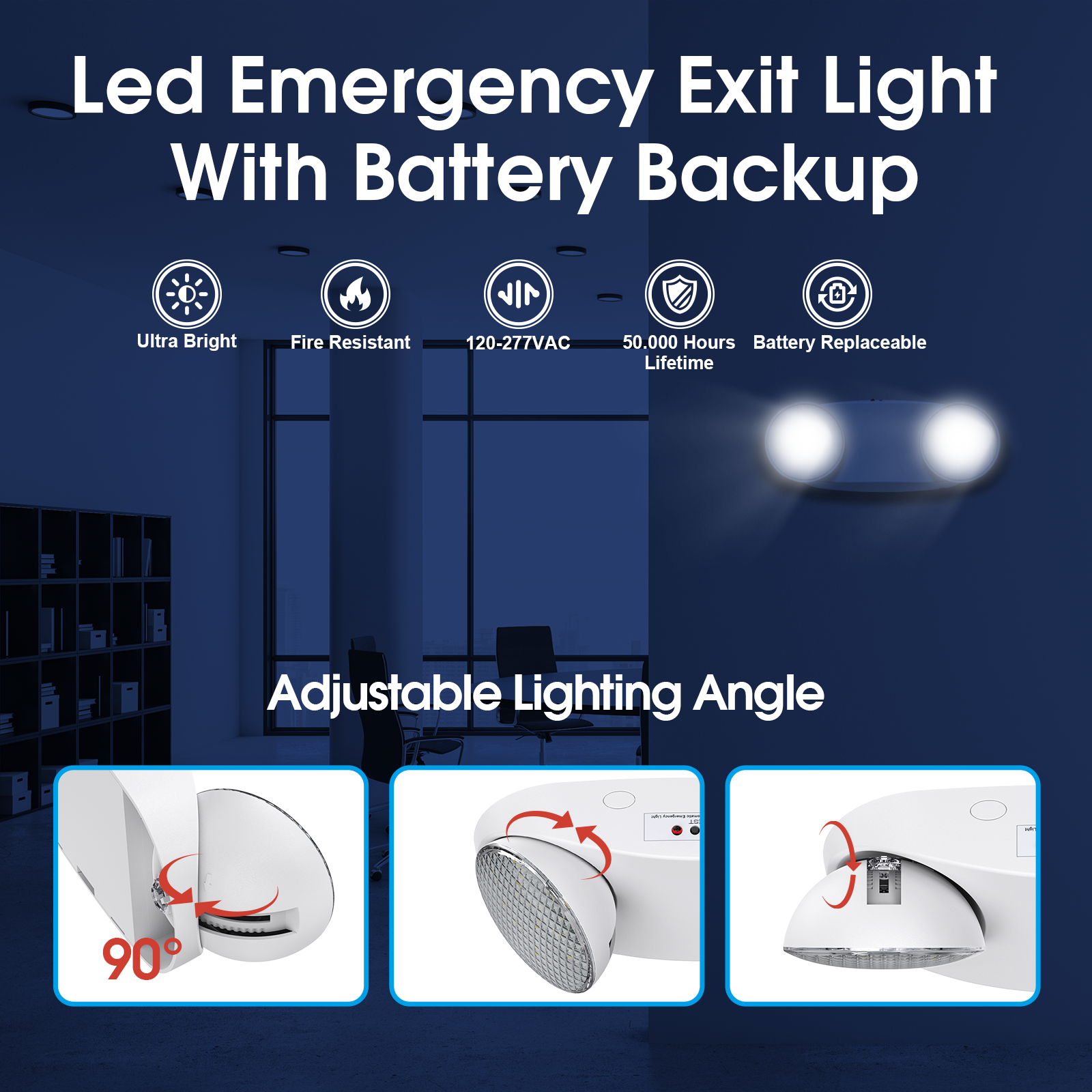 LED Emergency Light with Battery Backup, Adjustable Light Heads, Emerg