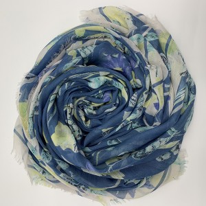 Women Square Flowers Shawl 90%Modal10%Silk Blended Screen Printed Scarf