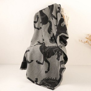 Winter new style custom wool woven blanket home hotel use horse pattern jacquard luxury wool blanket throw