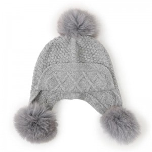 custom logo women winter hat 100% cashmere cuffed beanie hat with real fox fur pom pom