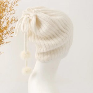 rib knitted pure cashmere winter hat custom logo women luxury fashion cashmere beanie cap wtih real fox fur pom