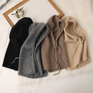 custom 100% cashmere balaclava winter hoodie hat embroidery logo luxury Fashion rib knitted warm drawstring beanie for women