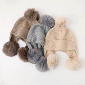 custom logo women winter hat 100% cashmere cuffed beanie hat with real fox fur pom pom