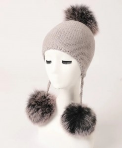 custom logo Autumn Winter cashmere ny beanie hats women Cute Warm Knitted caps with real fox fur pom Pom