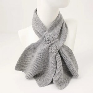 2022 new design women plain color knitted 100% cashmere scarf stole custom ladies neck warmer with flower decoration