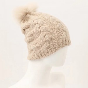 custom cable design knitted winter hat women warm fox fur pom pom beanie with embroidery logo