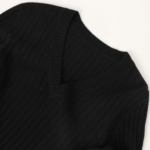 black long sleeve V neck ribbed knitted pure cashmere women’s sweater custom winter oversize girls cashmere pullover