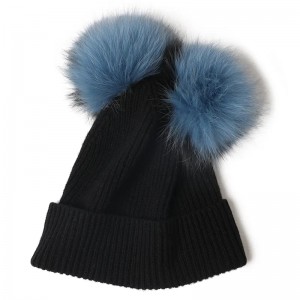 custom logo luxury fashion winter cashmere beanie real fox fur pom pom hats women plain knitted cashmere caps