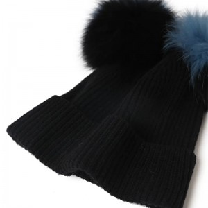 custom logo luxury fashion winter cashmere beanie real fox fur pom pom hats women plain knitted cashmere caps