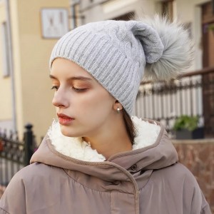 cheap winter hat women fox fur pom pom cable knit cashmere ny beanie custom logo luxury fashion soft caps