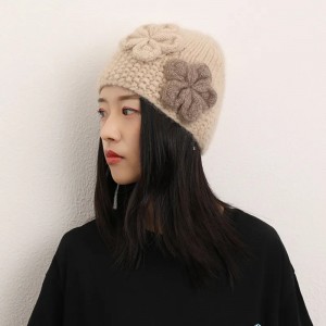 cute winter hats wholesale custom plain Knit women pure cashmere ny beanie caps with handmade flower