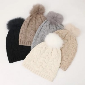 custom cable design knitted winter hat women warm fox fur pom pom beanie with embroidery logo