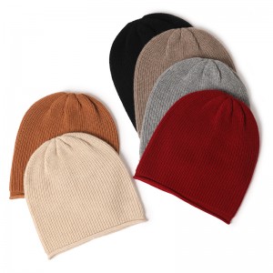 2022 Rolled up edges warm luxury women real A grade 100% cashmere ribbed knitted hat girls winter beanie