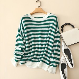 Winter style super soft 100% real cashmere knitted women sweater strip custom design green Cashmere pullover