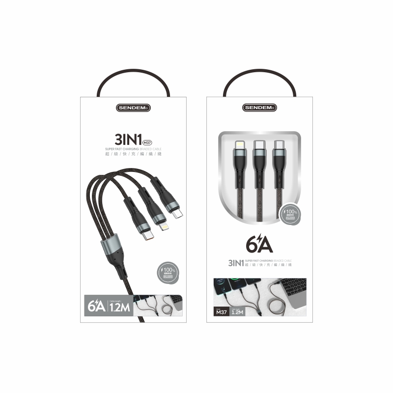 M37-1.2M 6A fast charging 3 in 1 usb cable(micro+lightning+type C)