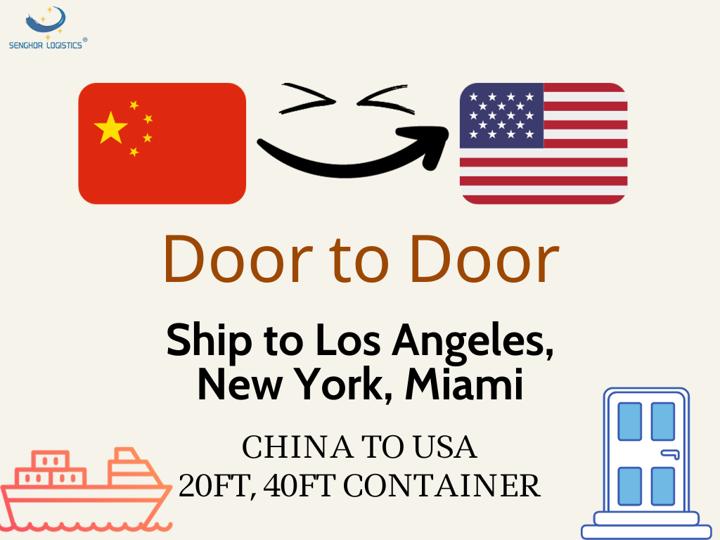 Ship to USA by ocean 20ft 40ft containers ship to Los Angeles New York Miami door to door international transportation by Senghor Logistics Featured Image