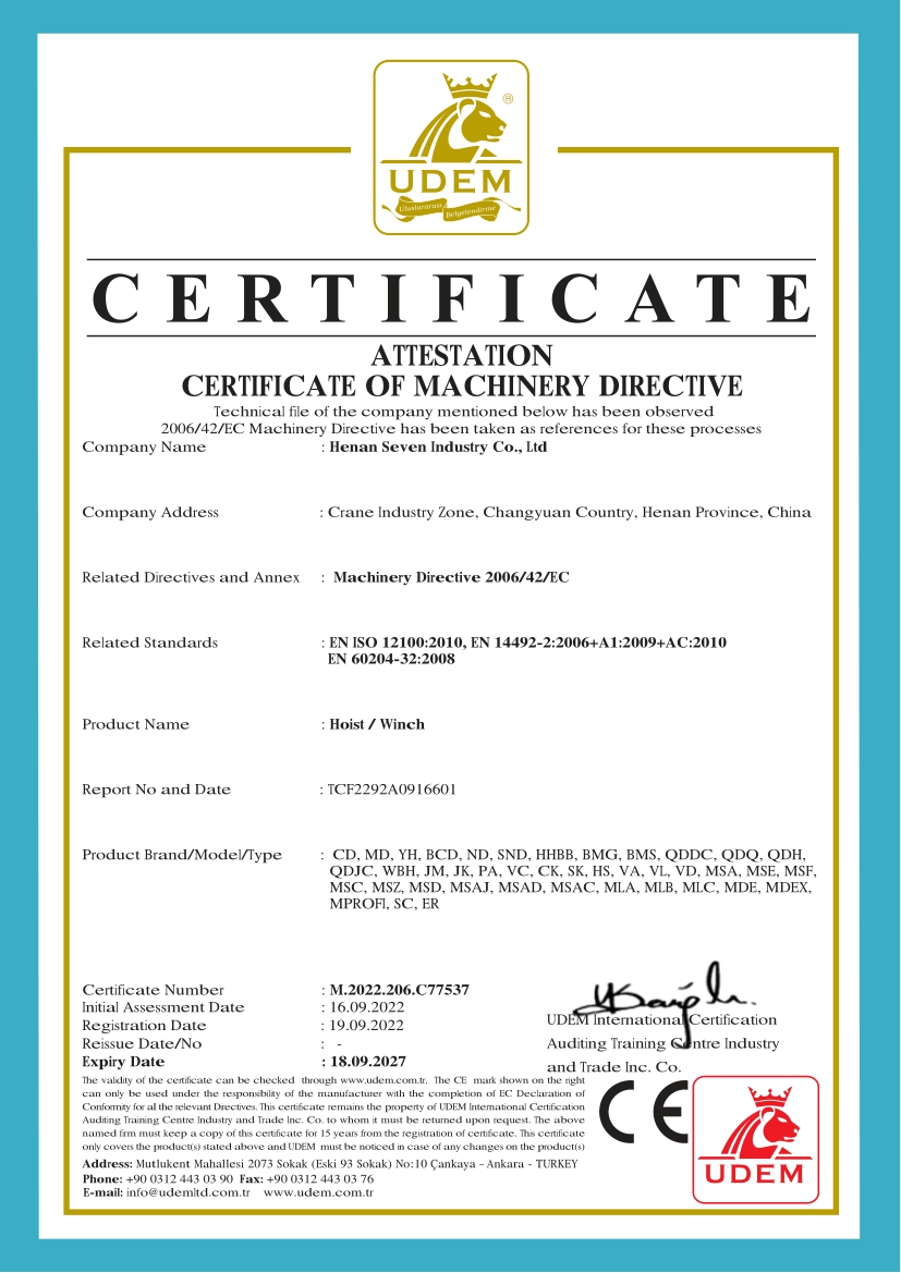 CE Certificate of Hoist and Winch