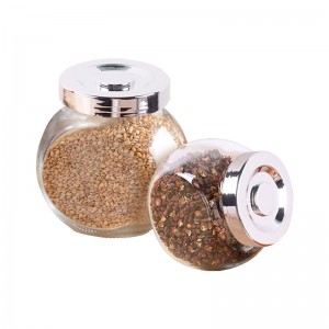Clear flat round empty glass bottle storage jar with stainless steel lid