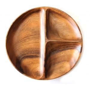 Дървена чиния Shangrun Acacia Premium с 3 отделения, кръгла дървена чиния