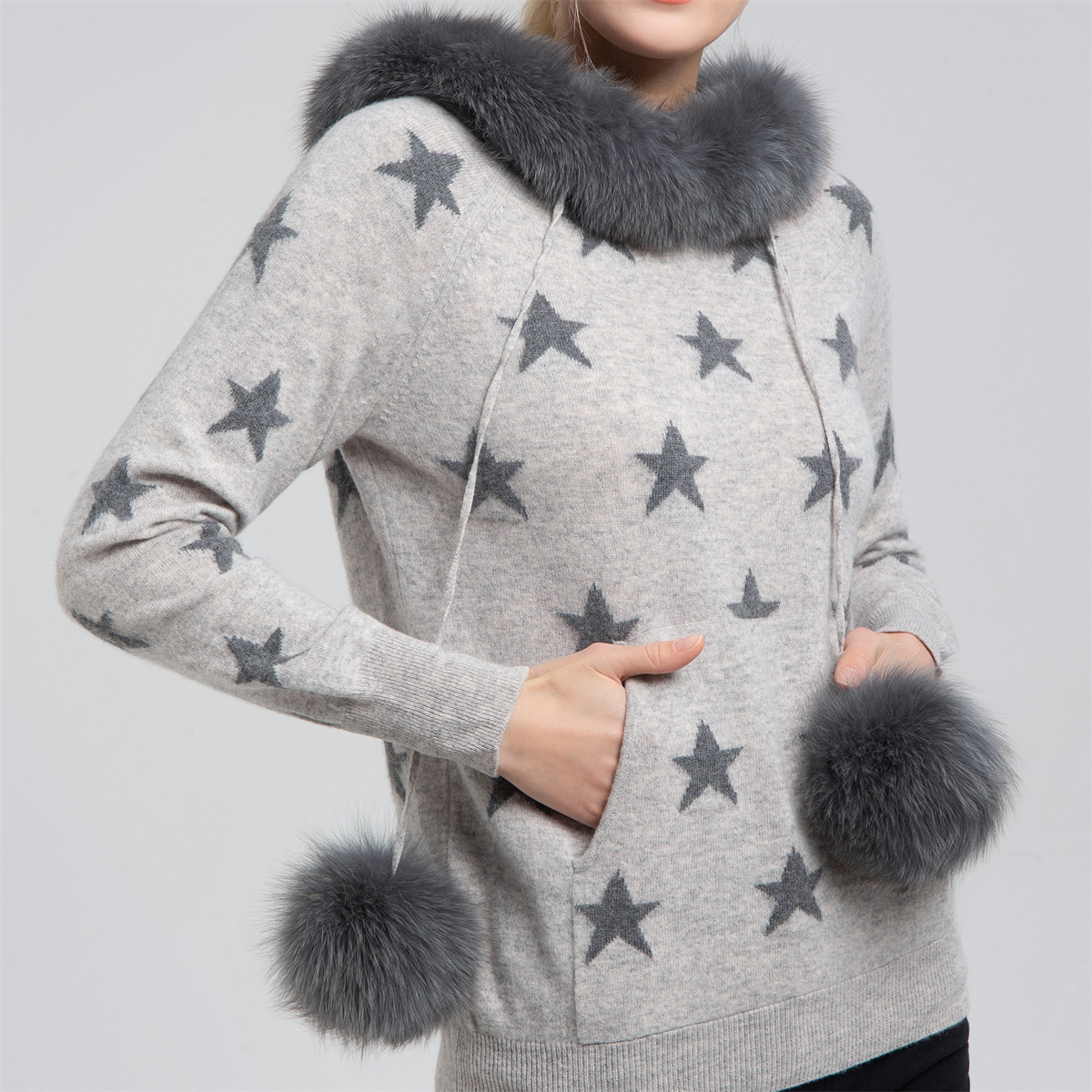 Hoody cashmere sweater with fur trim and  pompom LN-102-S