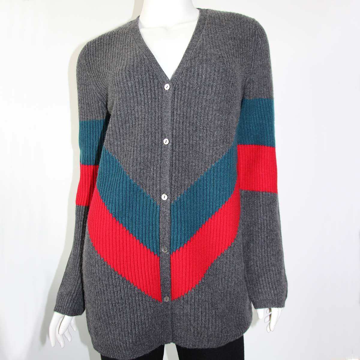 Pure cashmere button long cardigan rainbow stripe sweater W-CK