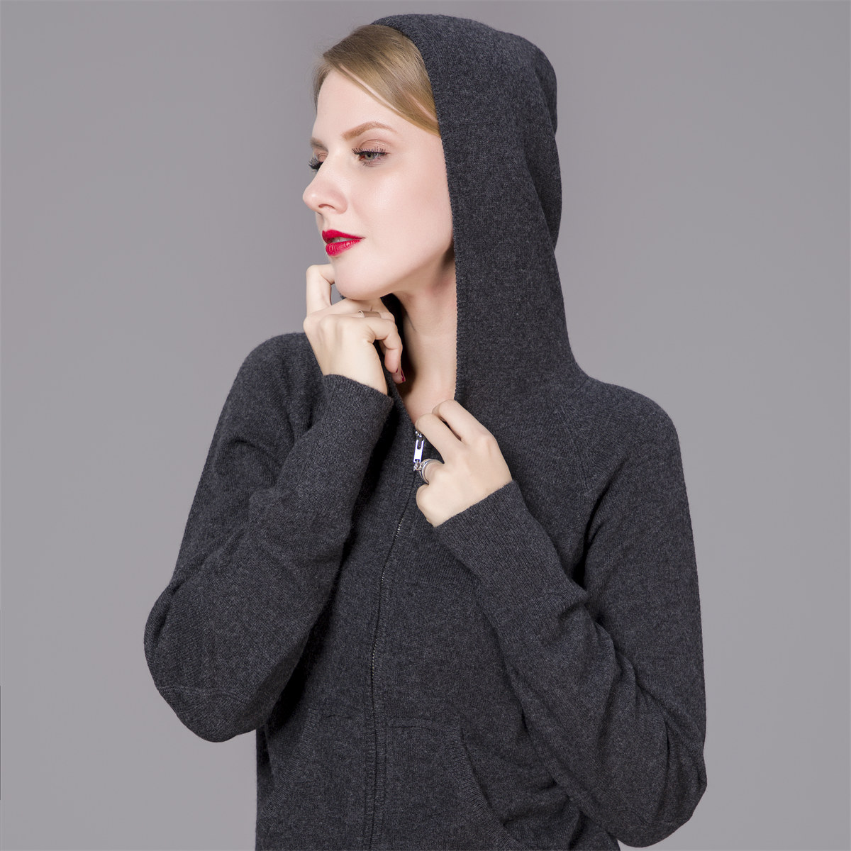 hoody cashmere full zipper sweater with elbow patch 82-40