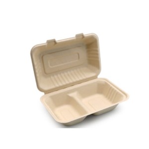 900ml 2 Compartment Microwavable Greaseproof Eco Friendly To Go Biodegradable Paper Bagasse Food Container Disposable Packaging