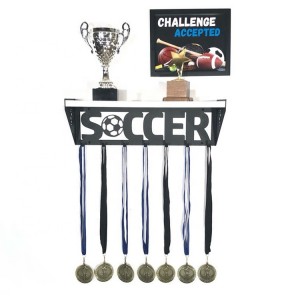 Custom trophy shelf with medal hanger Football trophy shelf with hooks Medal display hanger Soccer trophy rack