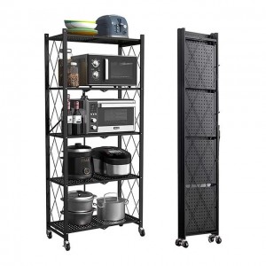 Foldable Kitchen Standing Shelving Unit Shelves  Metal Storage Folding Rack with Wheels 5-layer Household Rack