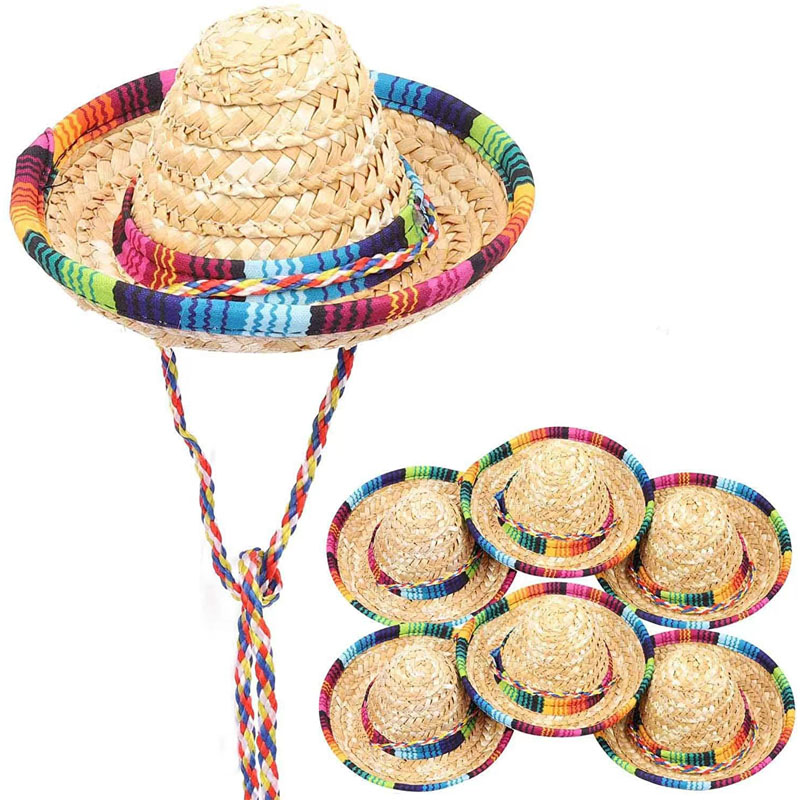 Straw Sombrero Mexican Hat Pet Adjustable Buckle Multicolor Pet Straw Dog Cat Hat