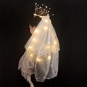 Ribbon Bowknot Light Up Glowing Bridal Veil Wedding Photo Photography Hard Yarn Certificate Short Veil with Led