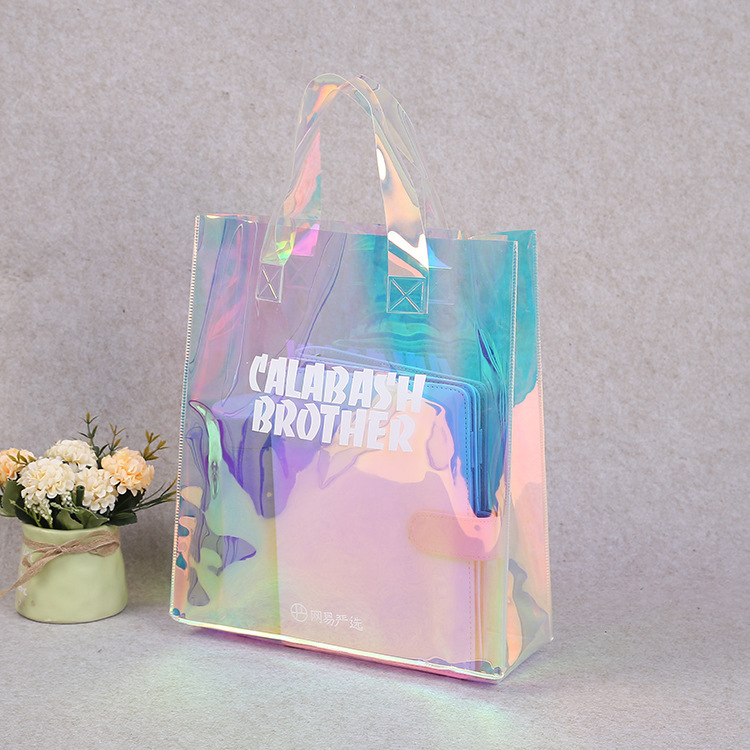 3 Pcs Iridescent Gift Bags with Handle Clear Holographic PVC