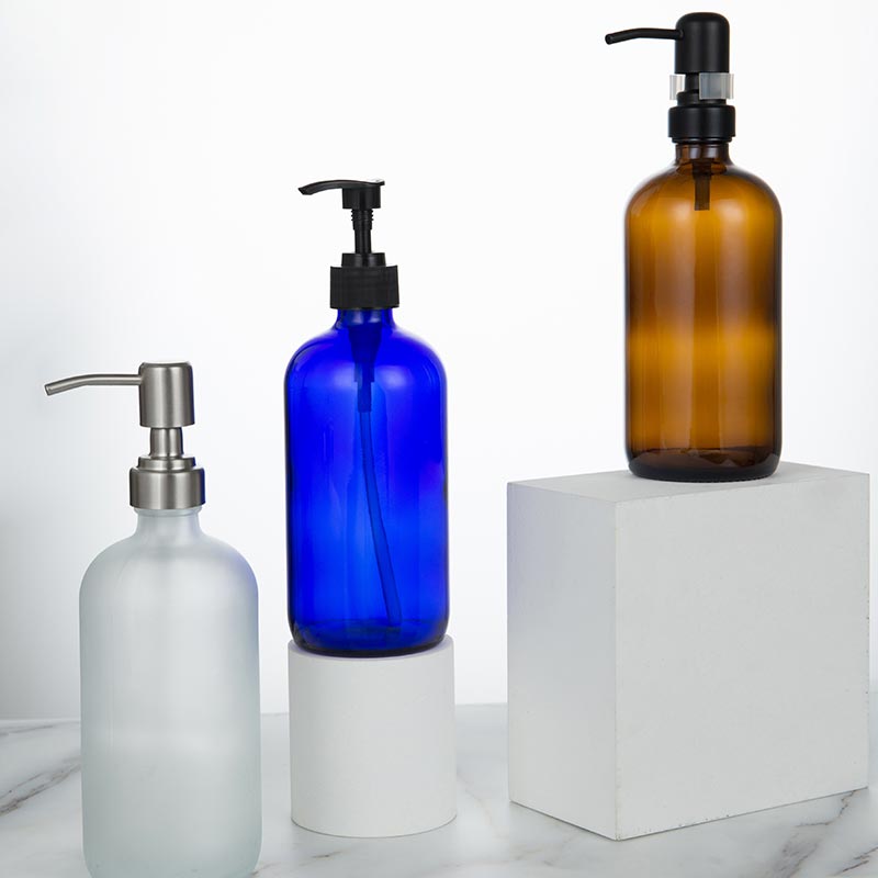 Amber Cobalt Blue Lotion Pump Boston Glass Soap Dispenser Bottle