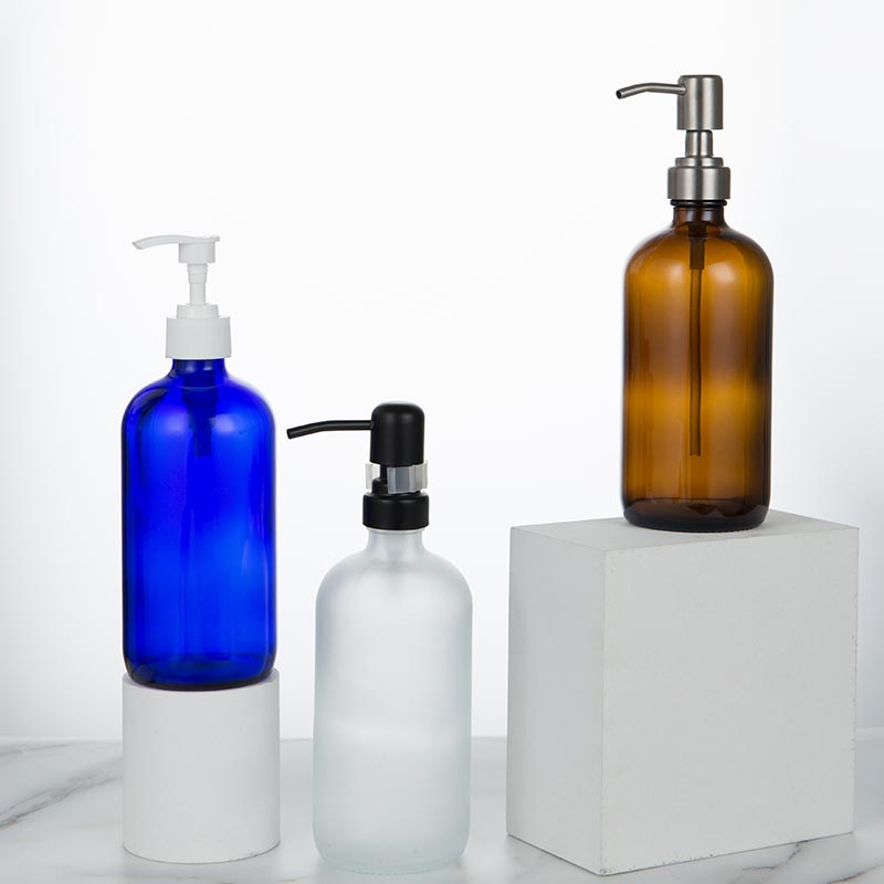 Amber Cobalt Blue Lotion Pump Boston Glass Soap Dispenser Bottle