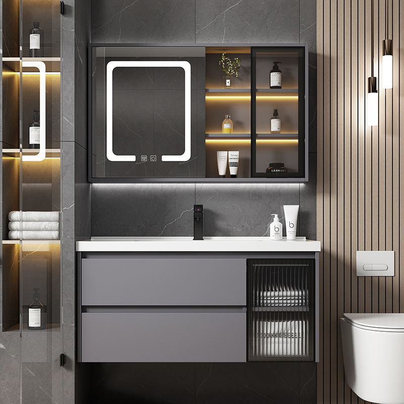 Luxury new design ceramic basin plywood bathroom vanity cabinets with LED mirror cabinet (1)