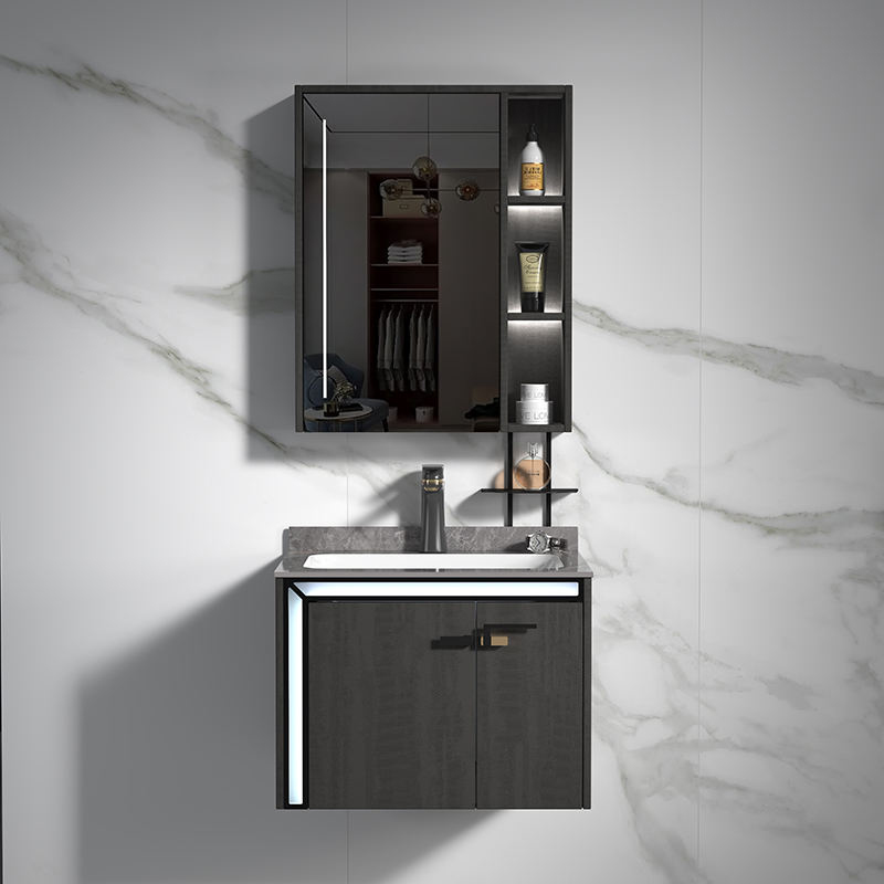 Modern design rock slate with seamless basin bathroom vanity cabinet with LED mirror cabinet (1)