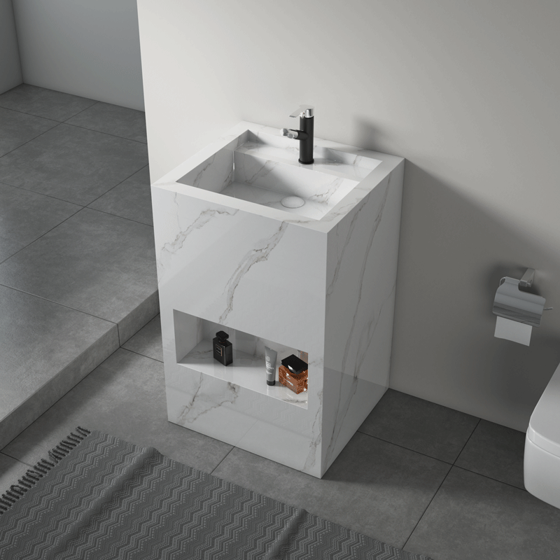 Light luxury high texture rock slate bathroom vanity with LED mirror hotel column basin bathroom cabinets