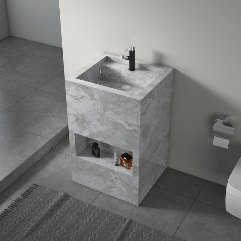Light luxury high texture rock slate bathroom vanity with LED mirror hotel column basin bathroom cabinets Featured Image