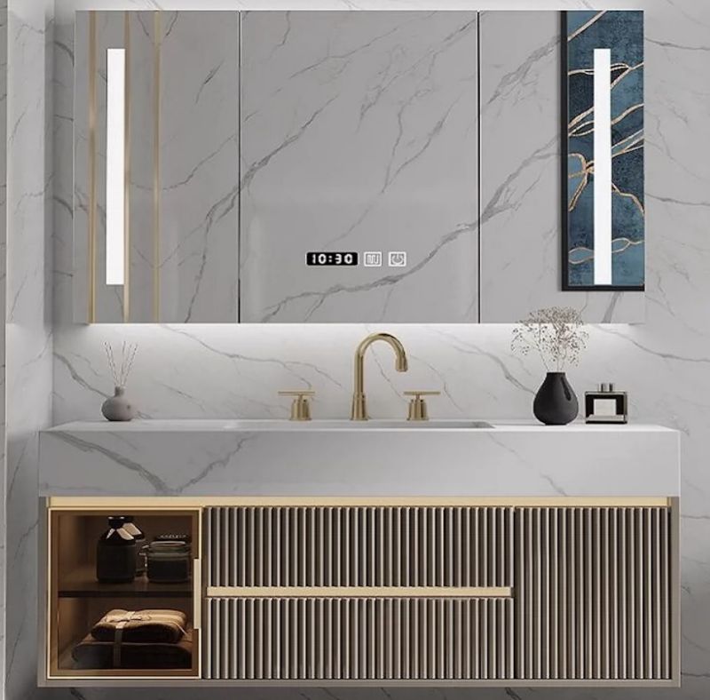 Jauna dizaina saplākšņa vannas istabas skapis ar bezšuvju akmens šīfera izlietni un LED spoguli