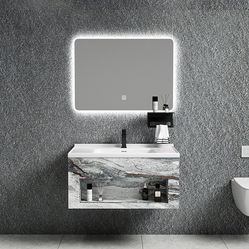 ალუმინის აბაზანის კარადა ფონით LED სარკისებური ამაო თანამედროვე აბაზანის სააბაზანო კარადების კომპლექტი კედელზე დამონტაჟებული აბაზანის კარადა
