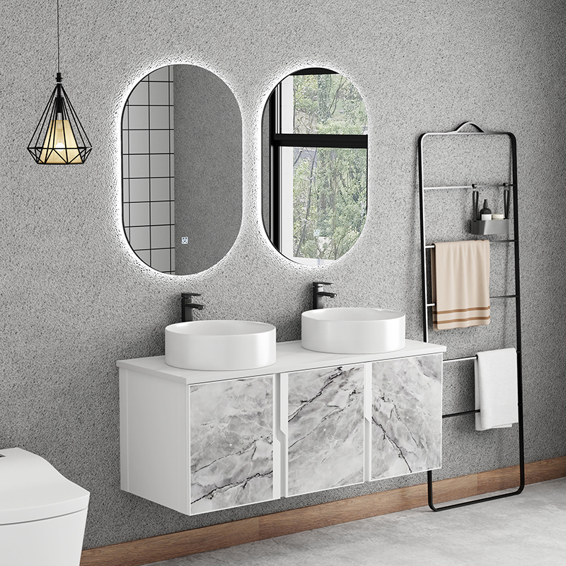 Mueble de baño de aluminio de diseño moderno para Hotel, tocador con lavabo doble, mueble de baño montado con espejo LED