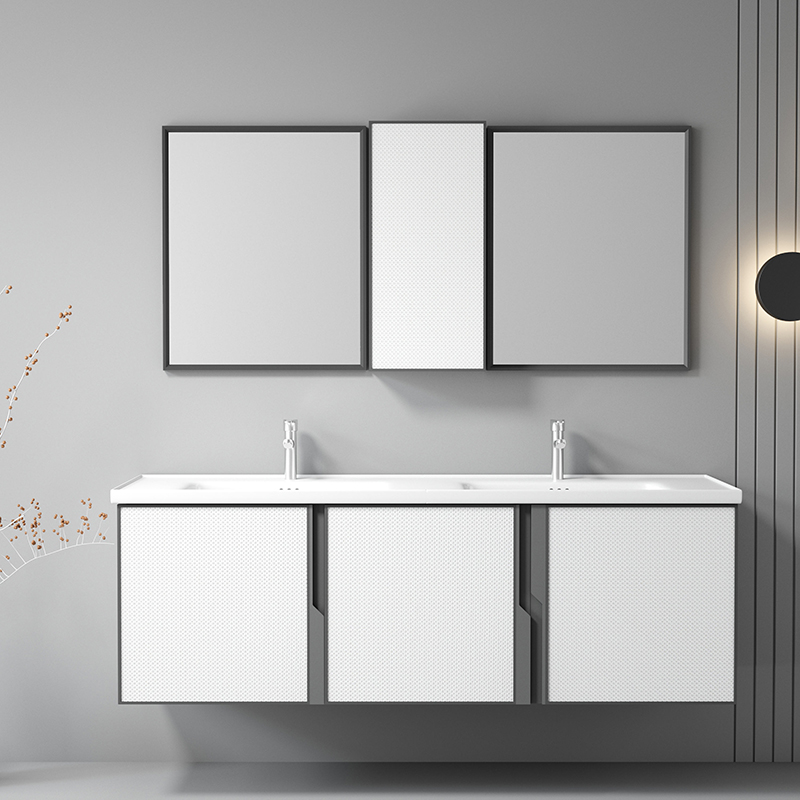 Bästsäljande handfat i aluminium badrumsskåp med LED-spegel väggmonterat badrumsskåp med dubbla handfat