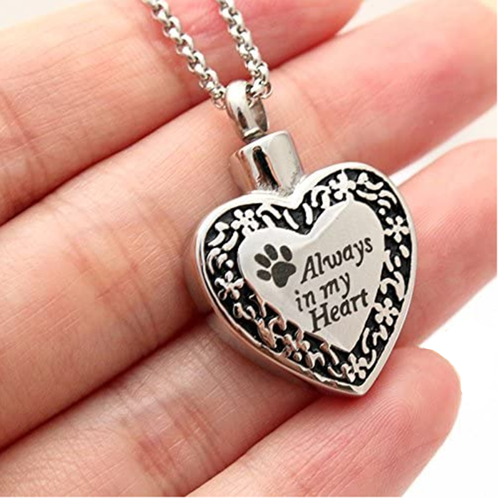 Always in My Heart Pet Cremation Jewelry Dog Cat Paw Footprint Memorial Keepsake Urn Necklace for Ashes Stainless Steel Pendant